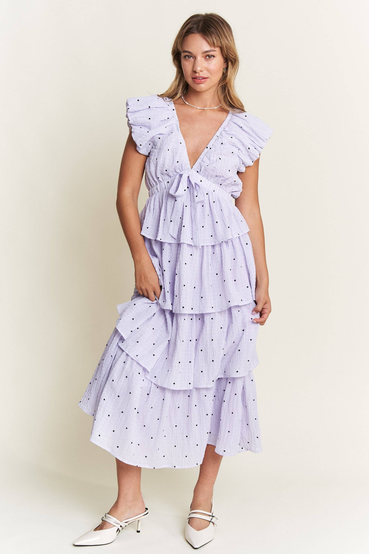 Lavender Polka Dot Tiered Midi Dress