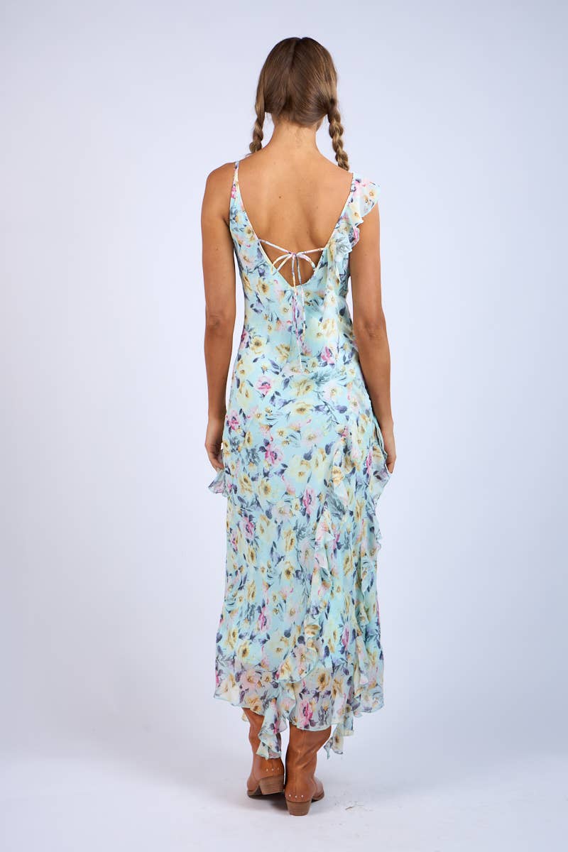 Floral Unbalanced Strap Ruffle Midi Dress`