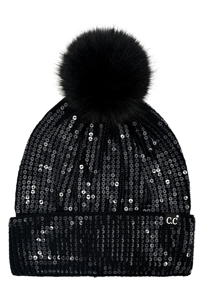 All Over Clear Sequin Pom Beanie