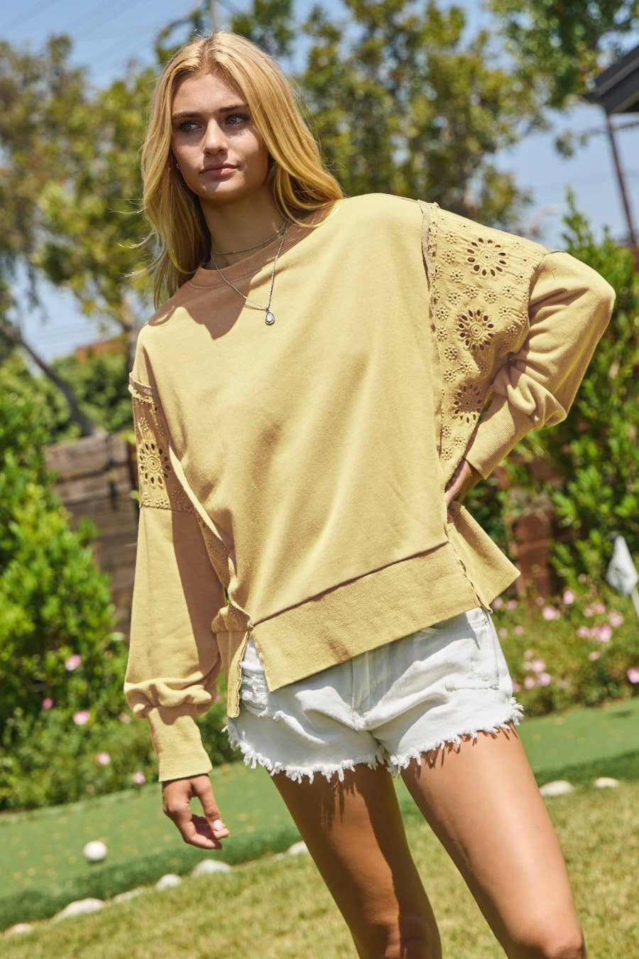 Acid Washed Eyelet Lace Sweatshirt