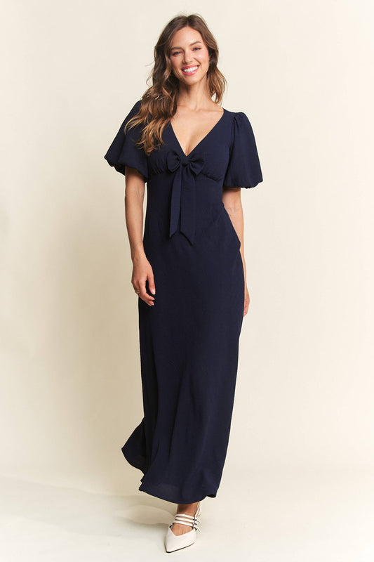 Navy Puff Sleeve with Front Bow Maxi Dress