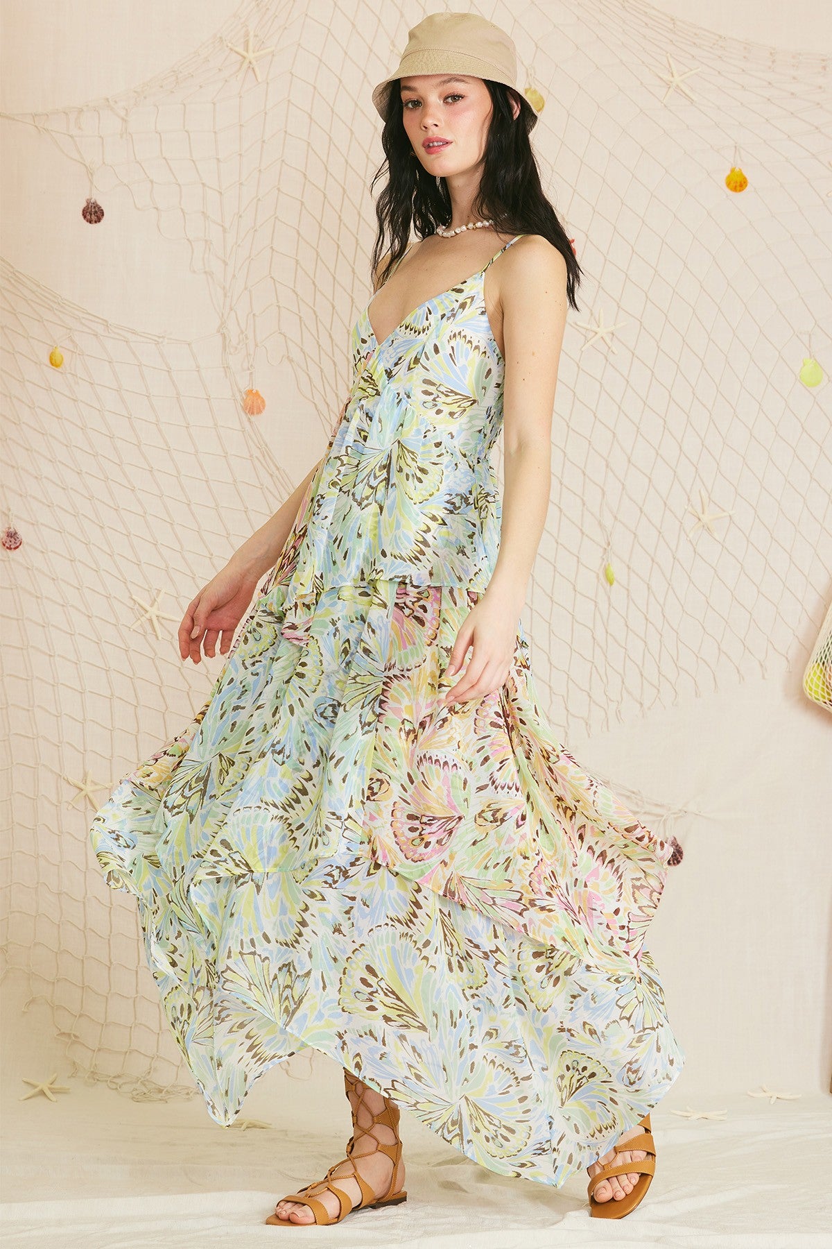 Printed Chiffon Asymmetrical Maxi Dress