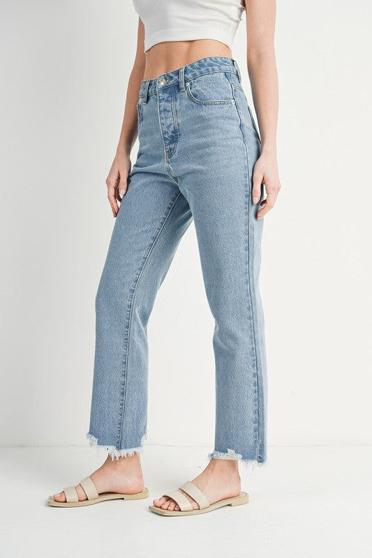 High Rise Straight Leg Distressed Raw Hem Jeans