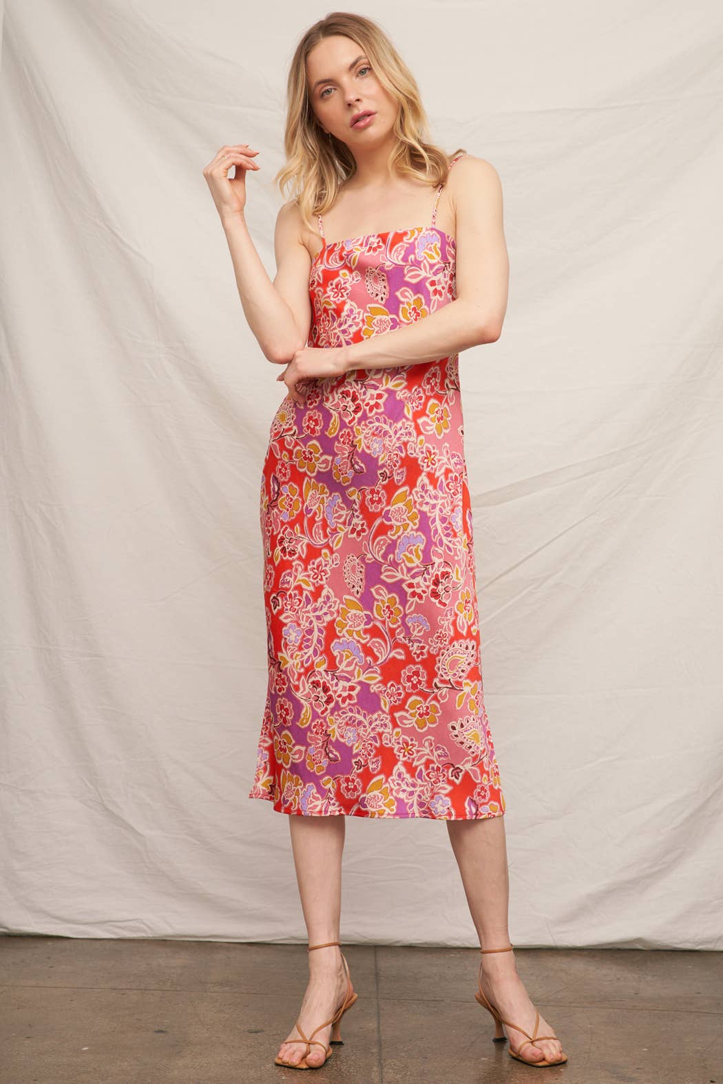 Sleeveless Floral Satin Midi Dress
