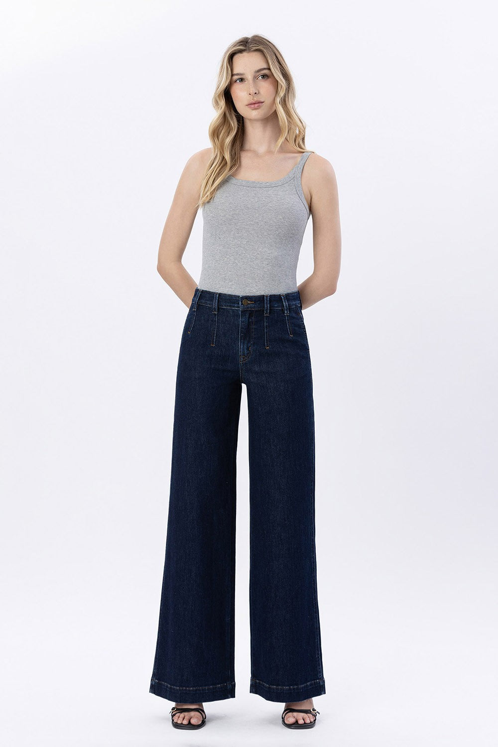 High Rise Dart Detail Wide Leg Jeans