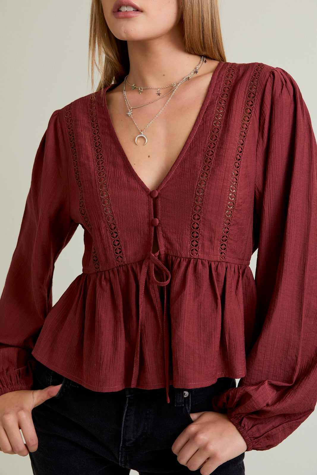 Long Sleeve Boho Top With Front Tie