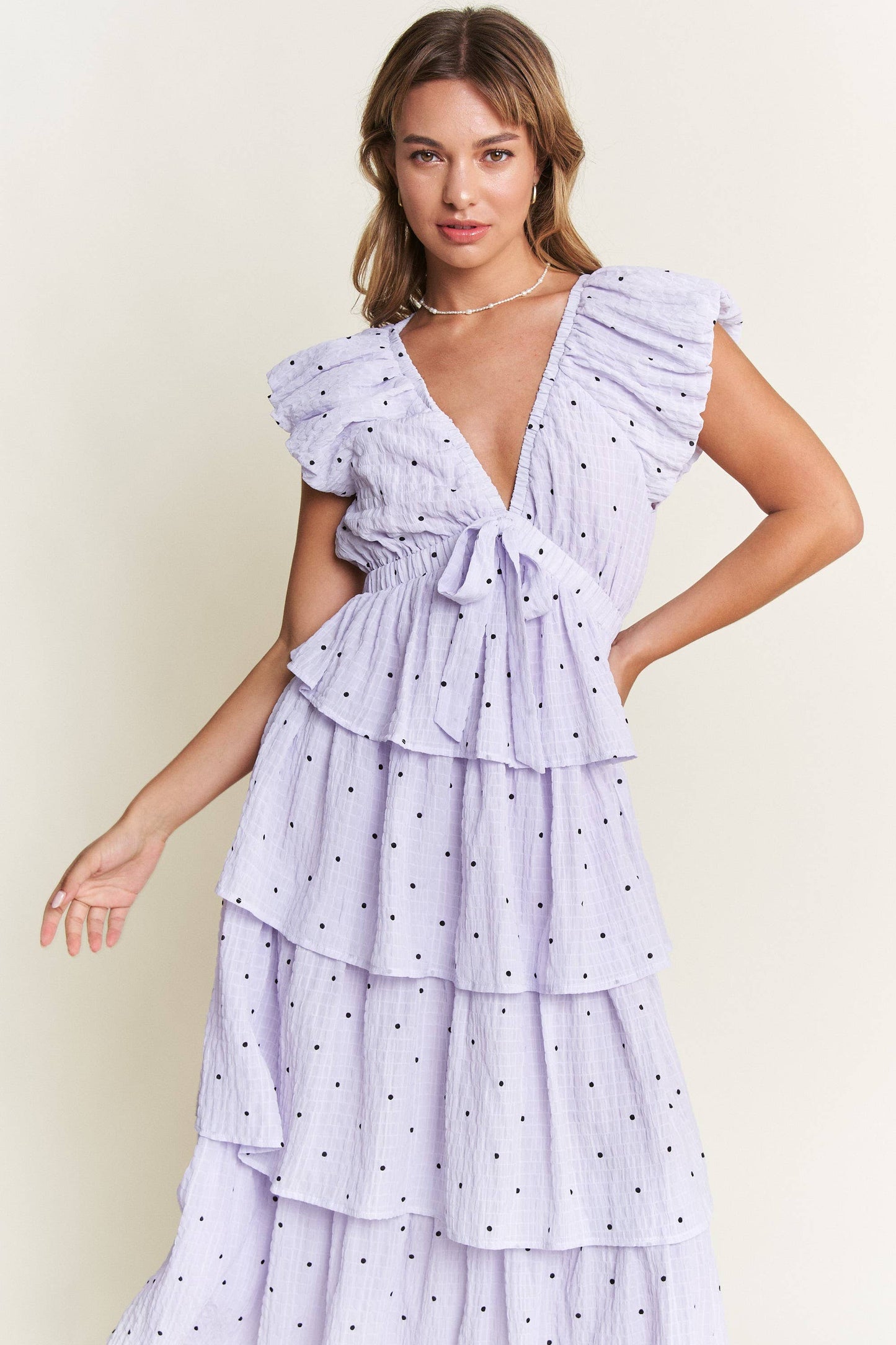 Lavender Polka Dot Tiered Midi Dress