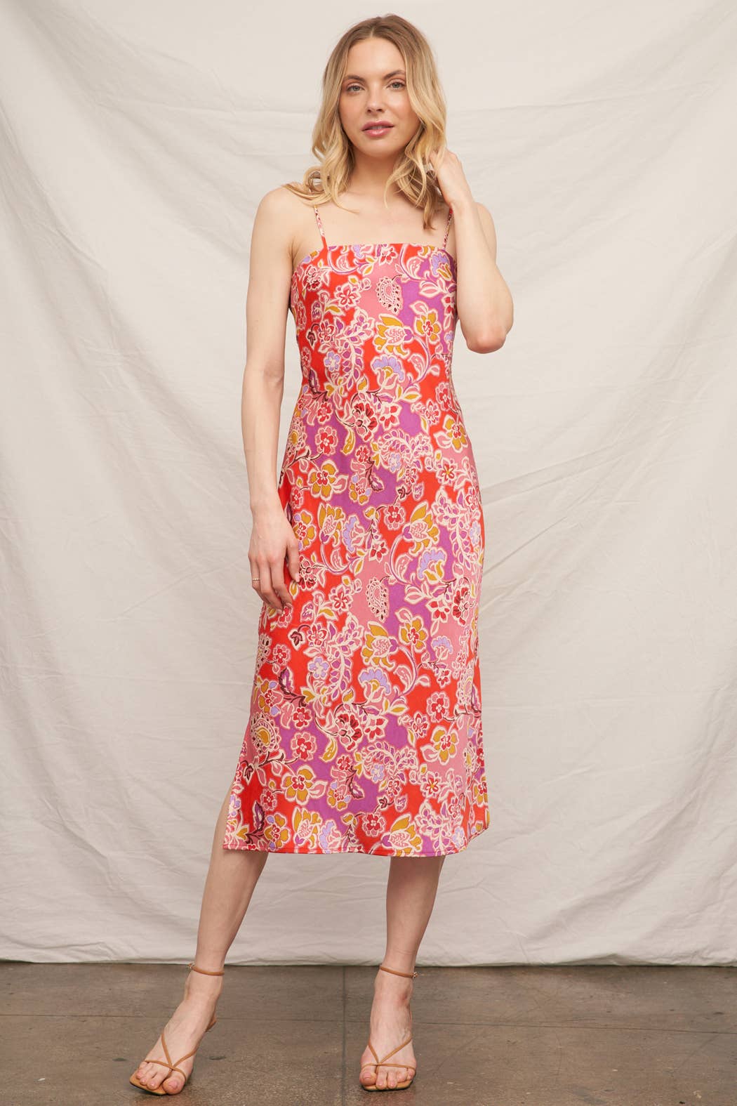 Sleeveless Floral Satin Midi Dress