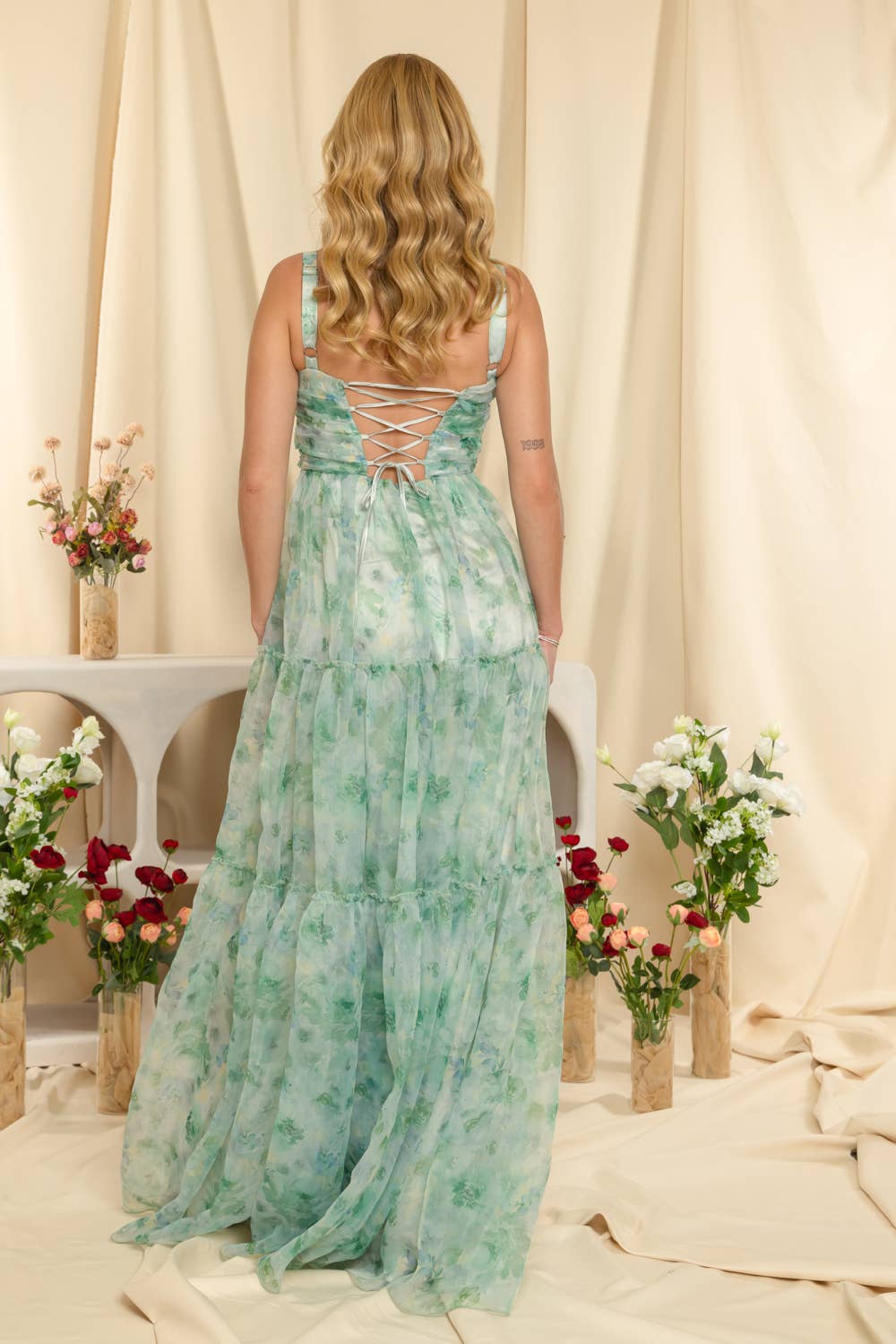 Floral Watercolor Print Organza Maxi Dress