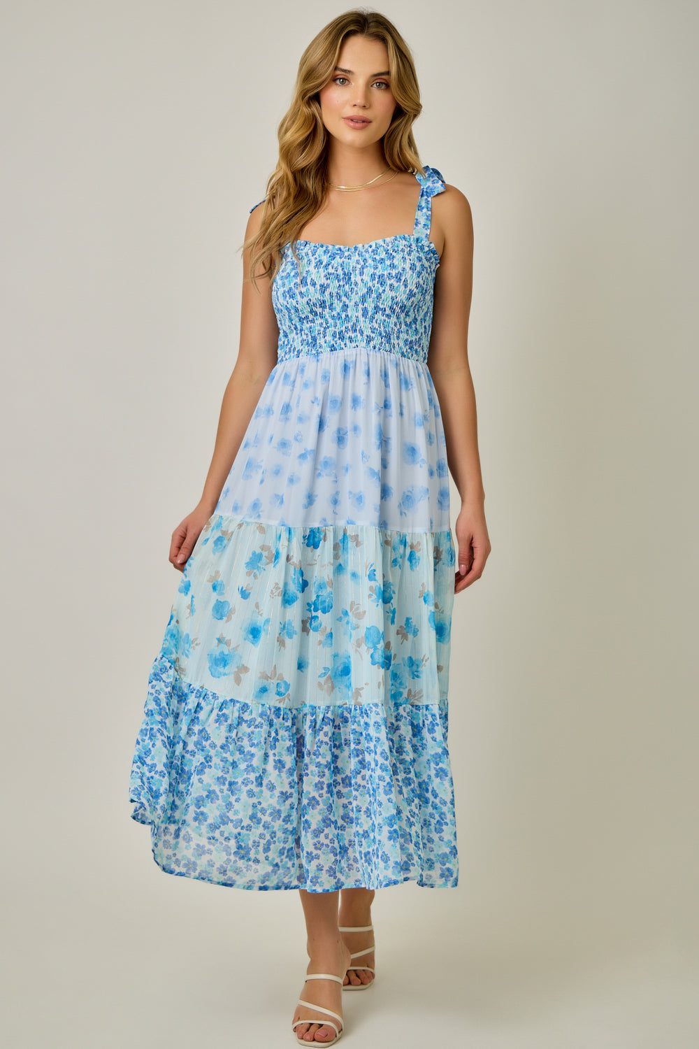 Strap Tied Smock Top Mixed Print Dress