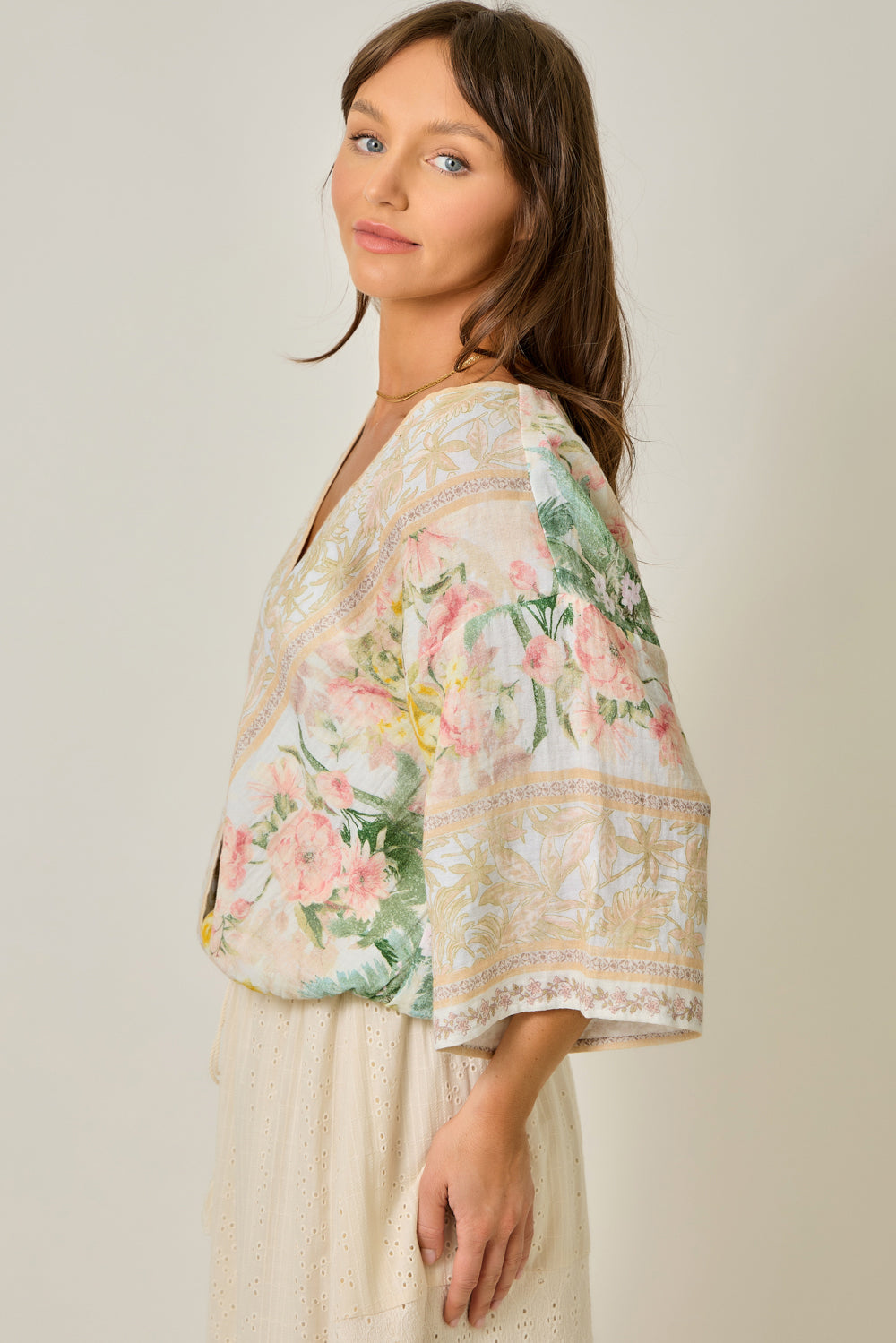 Border Print Front Wrap Kimono Top