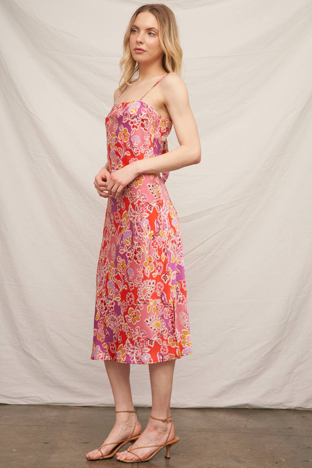 Sleeveless Floral Satin Midi Dress