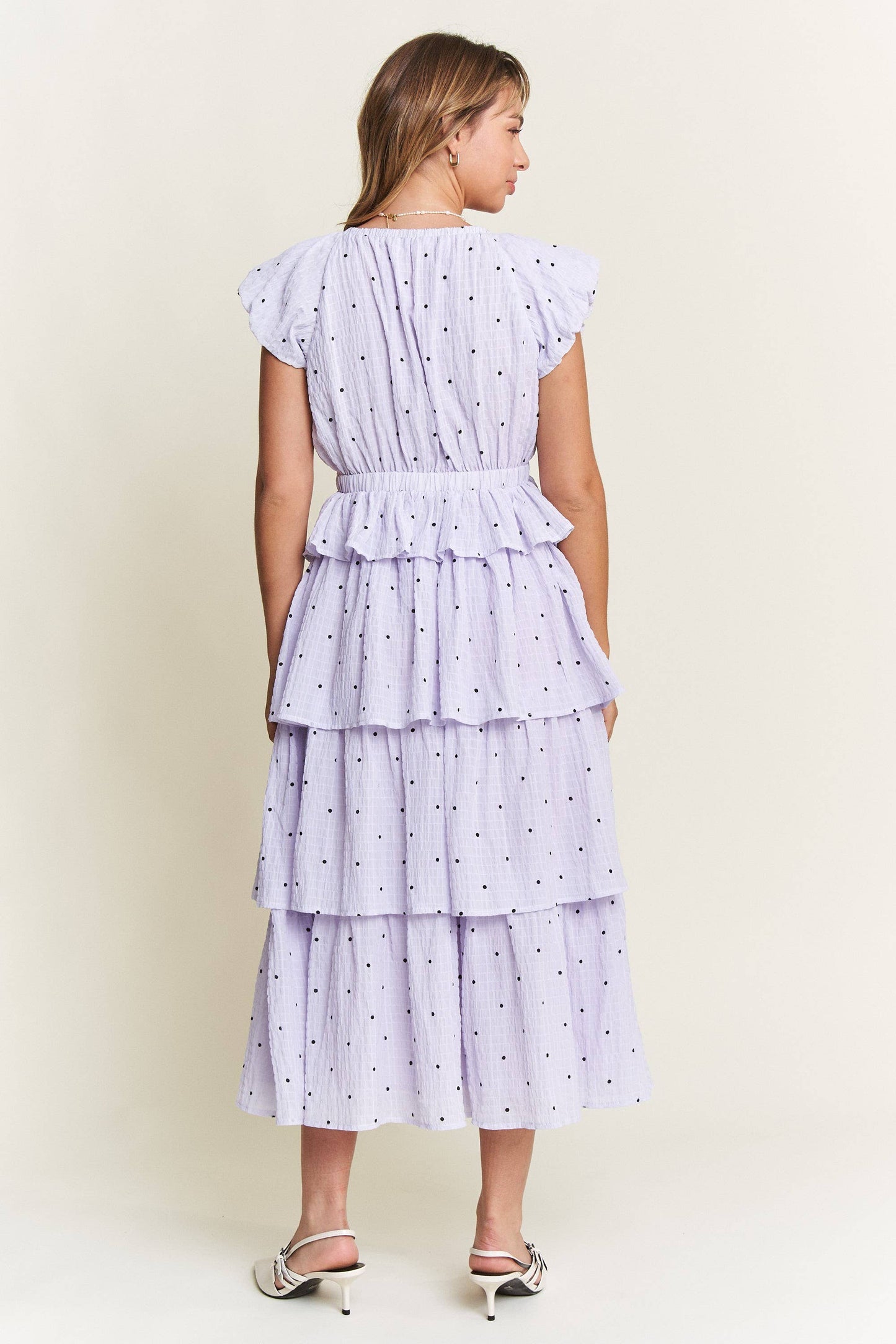 Lavender Polka Dot Tiered Midi Dress