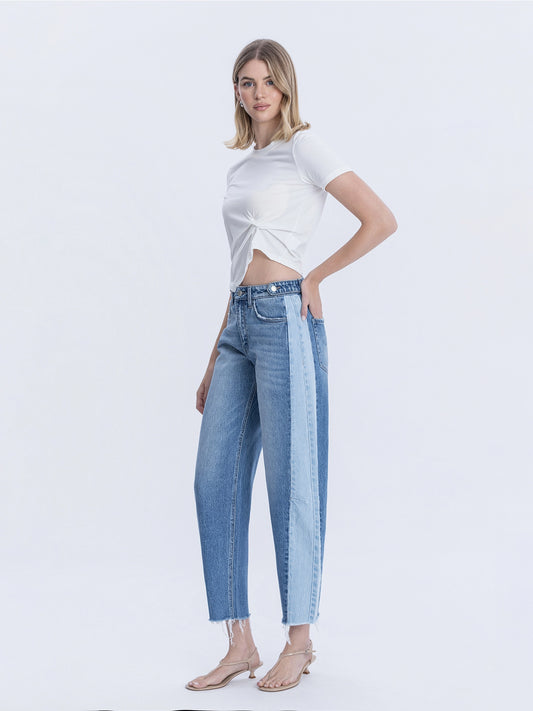 High Rise Two Tone Barrel Leg Jeans