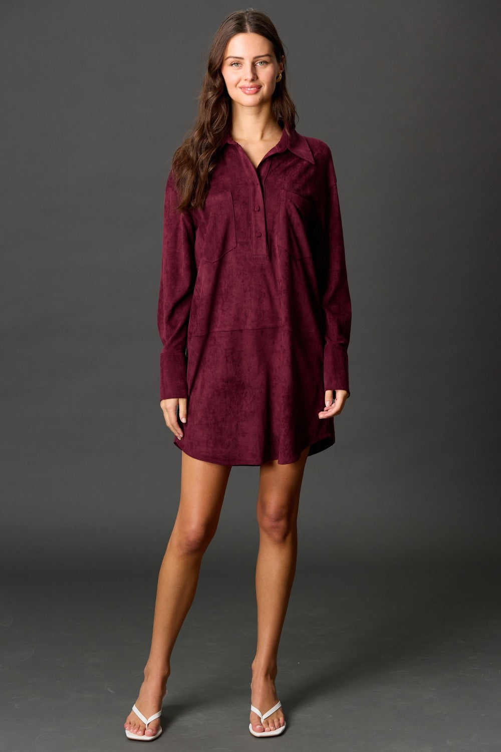 Suede Button Down Long Sleeve Short Dress