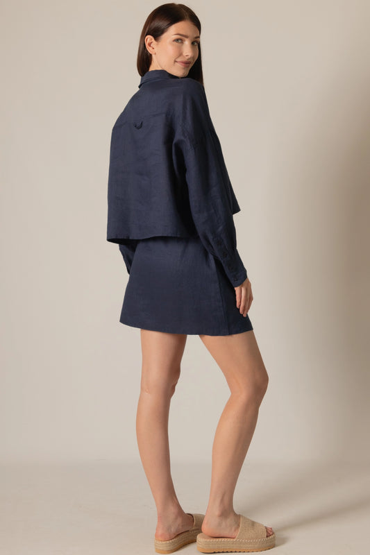 Diamond Linen Cropped Button Down Shirt