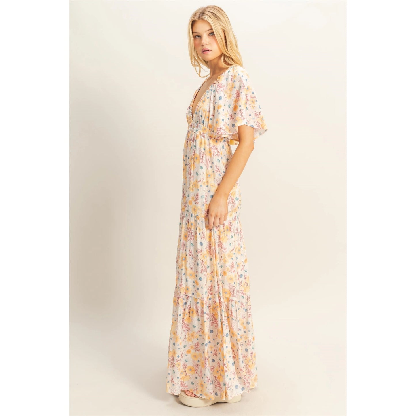 Floral V-Neck Flowy Tiered Maxi Dress