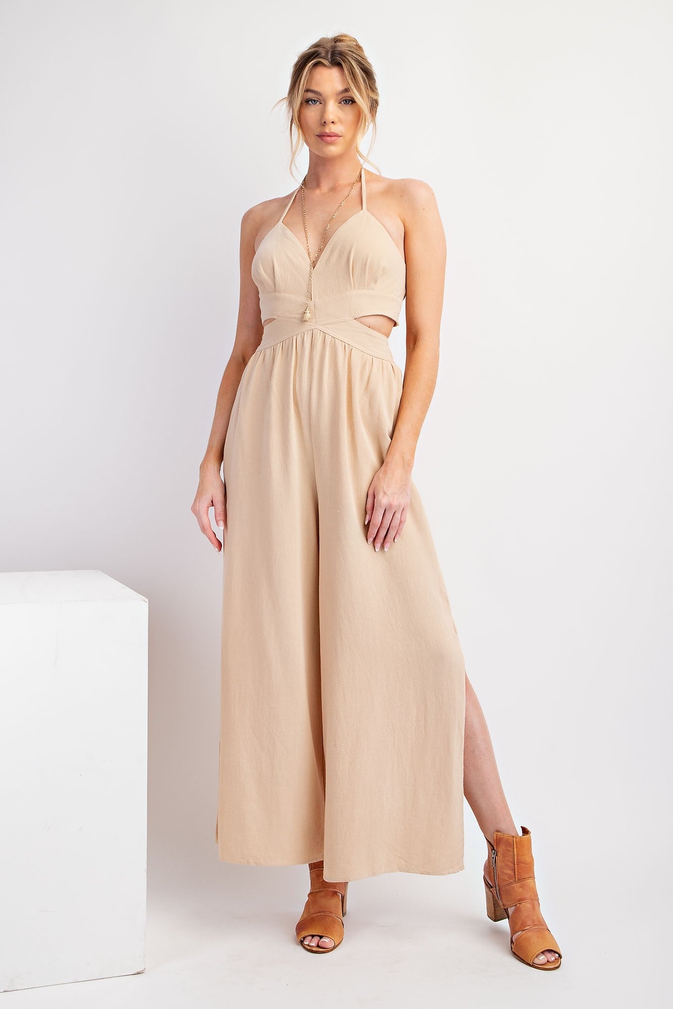Linen Blend Halter Neck Jumpsuit