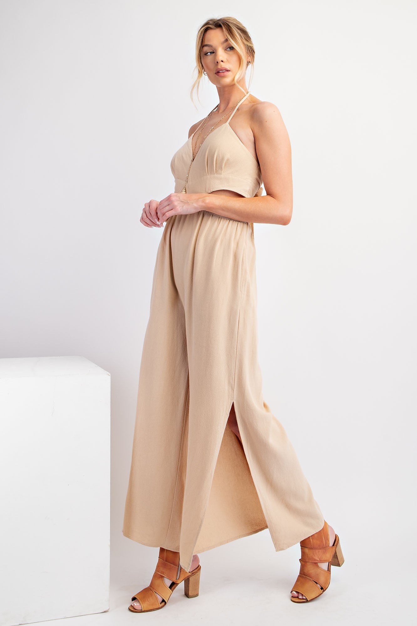Linen Blend Halter Neck Jumpsuit