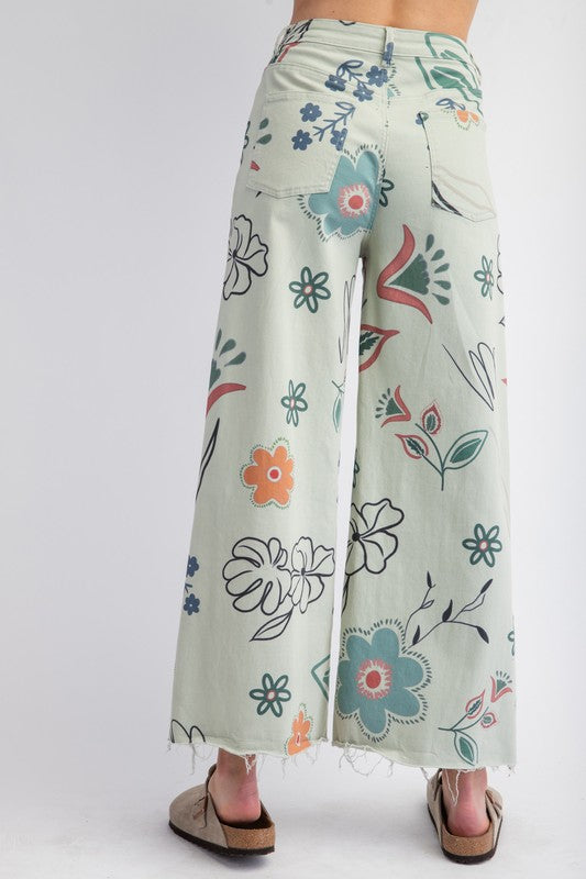 Printed Washed Twill Wide-Leg Pants
