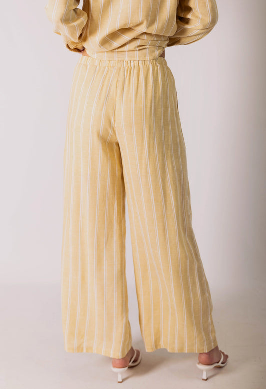 Stripe Print Linen Drawstring Wide Leg Pants