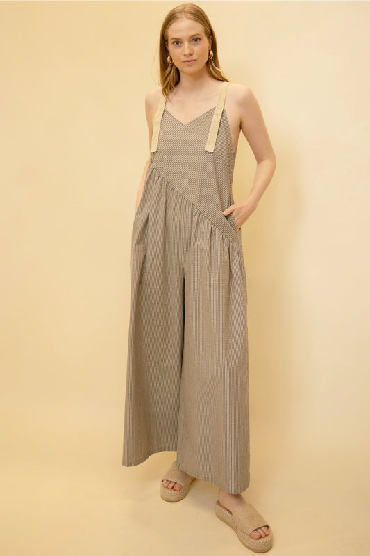 Striped Cotton Jumpsuit with Corduroy Straps