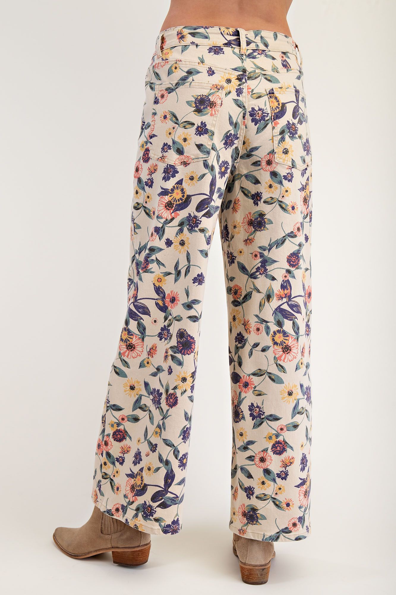 Washed Floral Print Denim Twill Pants
