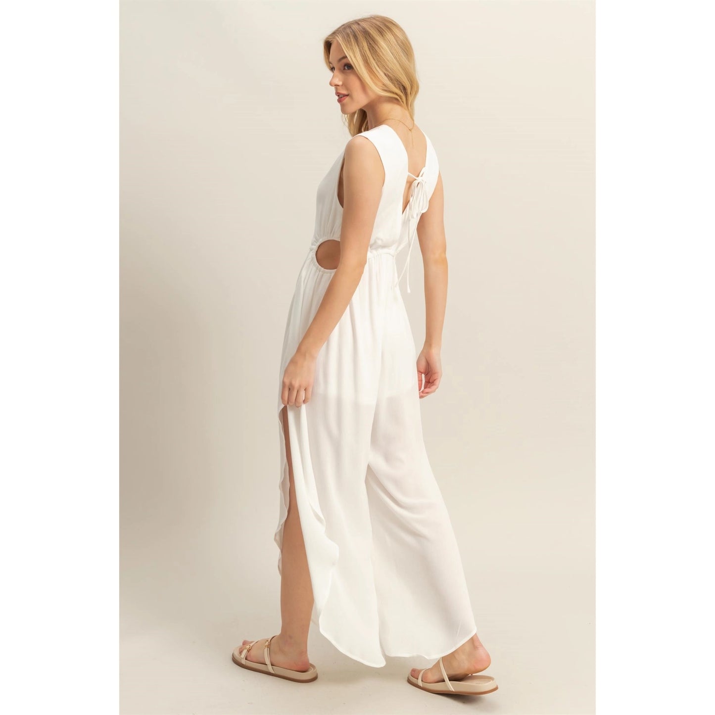 V-Neck Side Cutout Curved Hem Jumpsuit