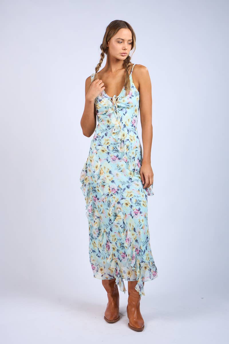 Floral Unbalanced Strap Ruffle Midi Dress`