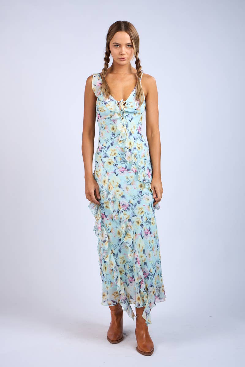 Floral Unbalanced Strap Ruffle Midi Dress`