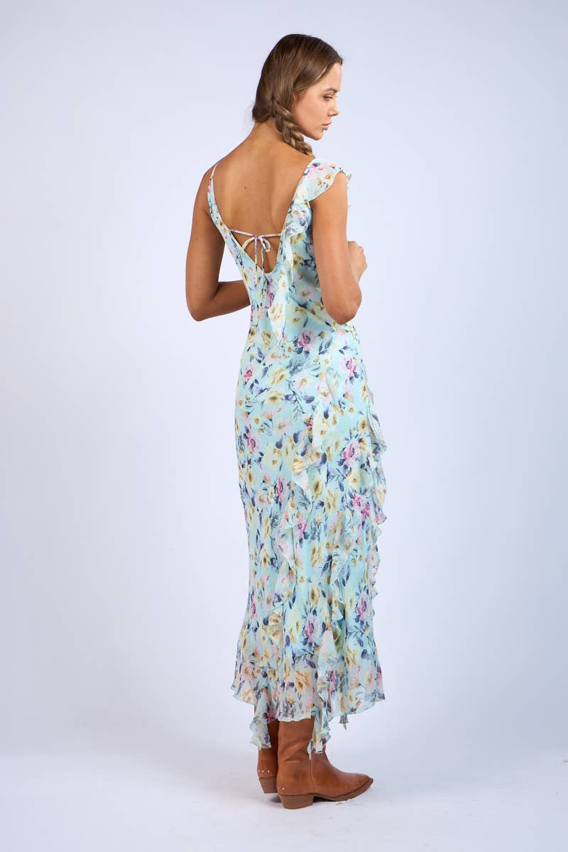 Floral Unbalanced Strap Ruffle Midi Dress`