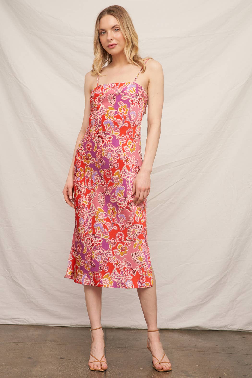 Sleeveless Floral Satin Midi Dress