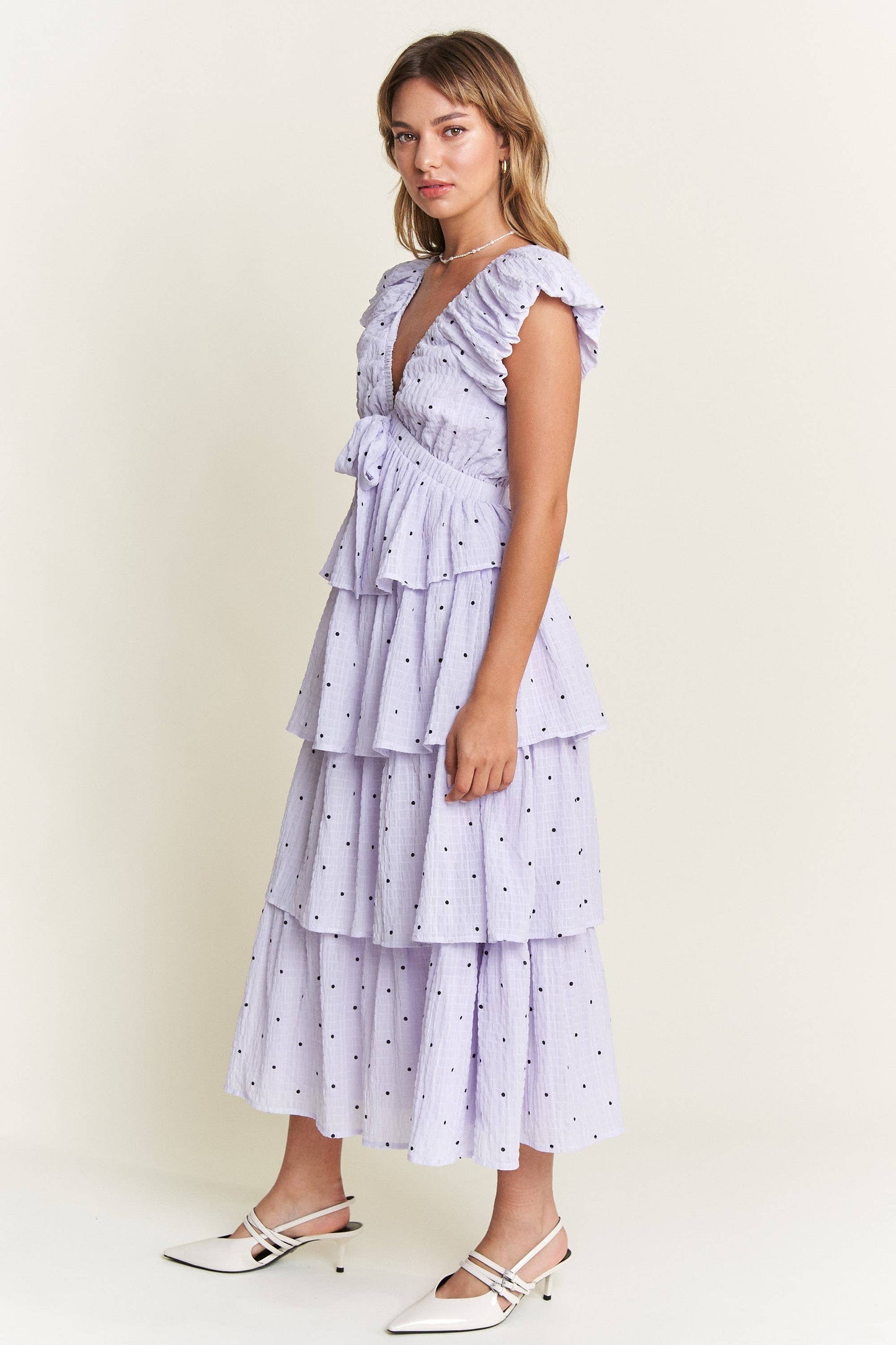 Lavender Polka Dot Tiered Midi Dress