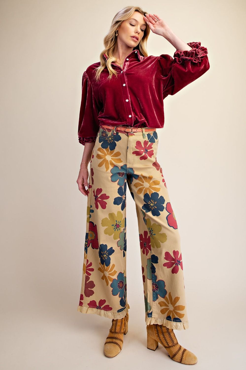 Floral Wide Leg Twill Pants