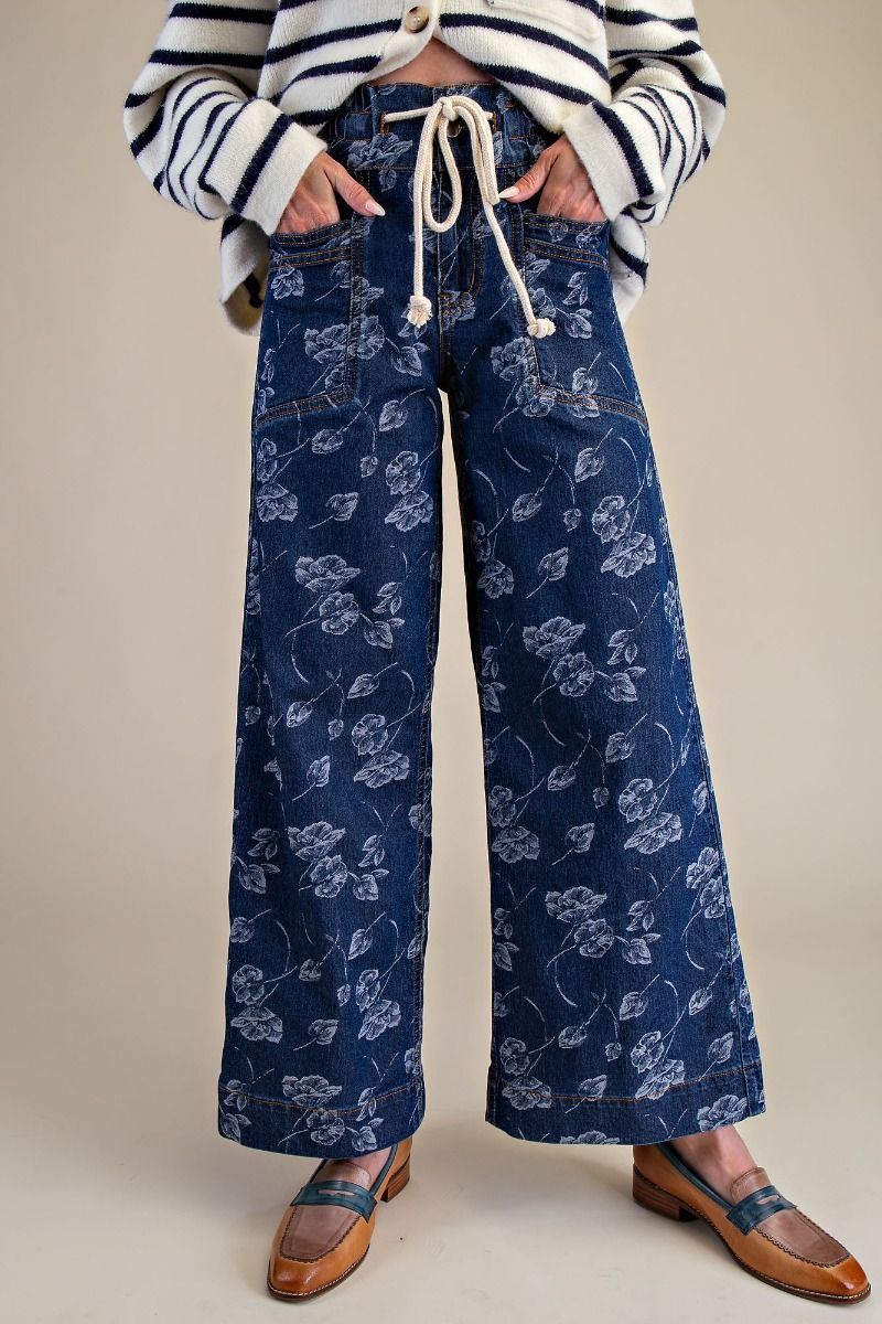 Floral Printed Washed Denim Pants