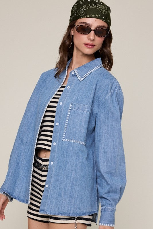 Embroidered Detail Oversized Denim Shirt