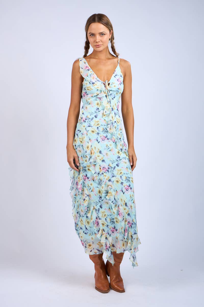 Floral Unbalanced Strap Ruffle Midi Dress`