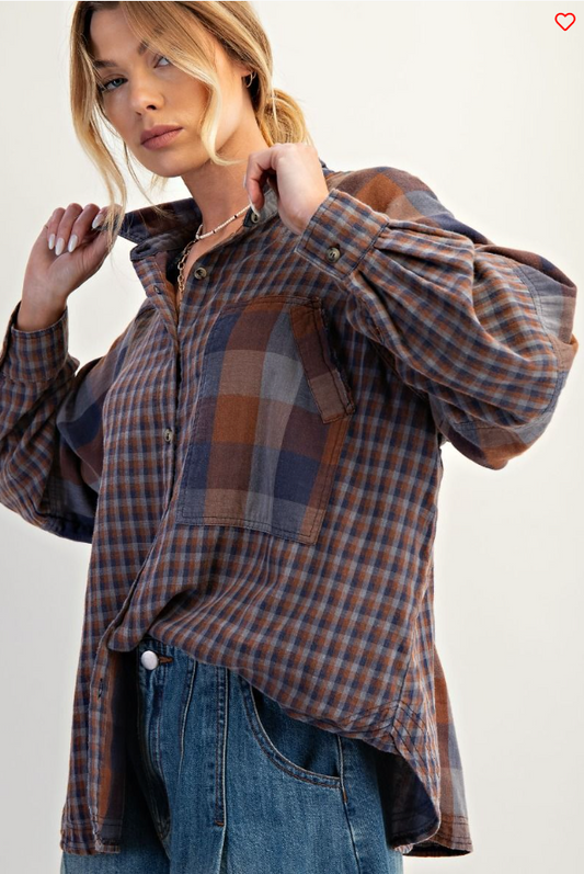 Mixed Pattern Flannel Button Down Shirt