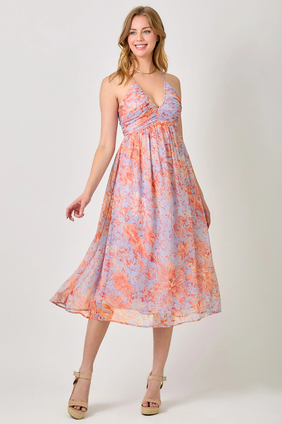 Criss Cross Back Pleated Midi Dress