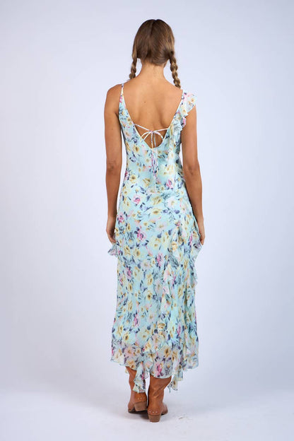 Floral Unbalanced Strap Ruffle Midi Dress`