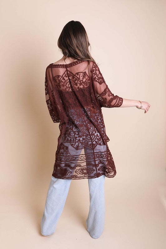 Floral Mandala Embroidered Mesh Kimono
