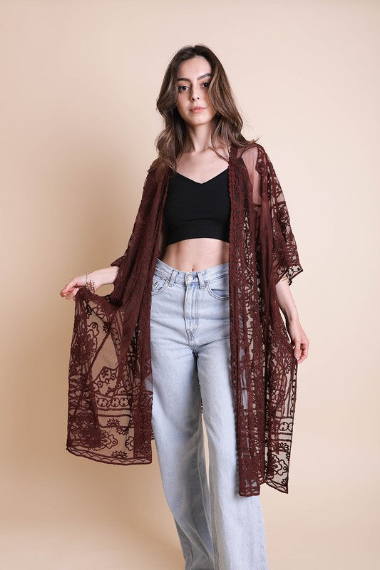 Floral Mandala Embroidered Mesh Kimono