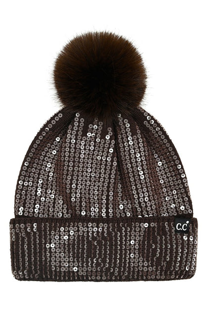 All Over Clear Sequin Pom Beanie