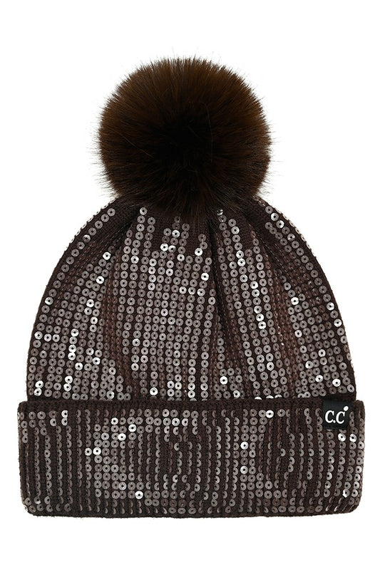 All Over Clear Sequin Pom Beanie