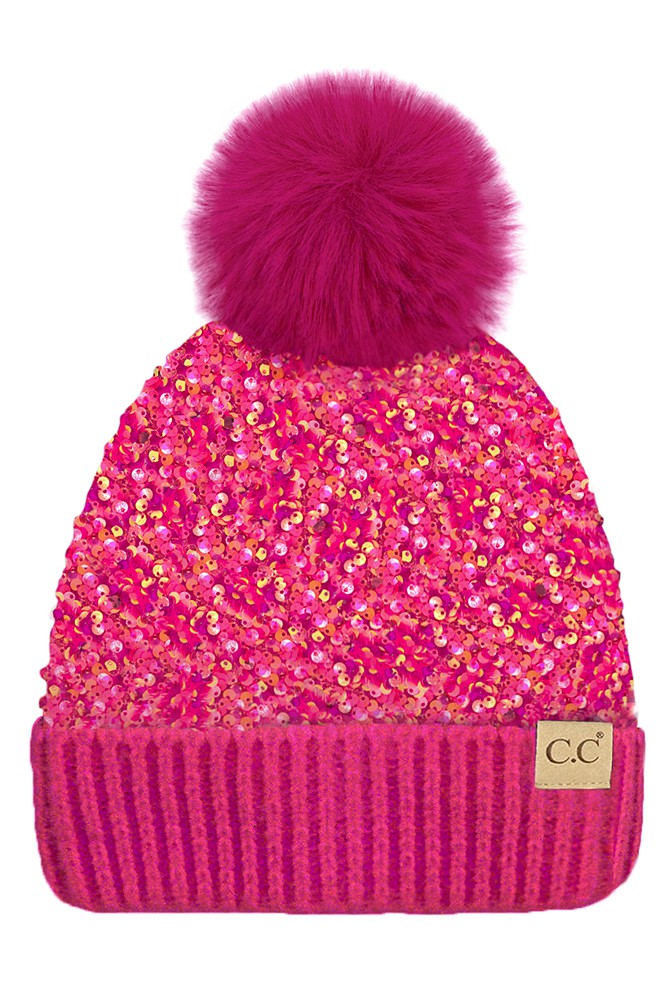 Kids Sequin Fur Pom Beanie