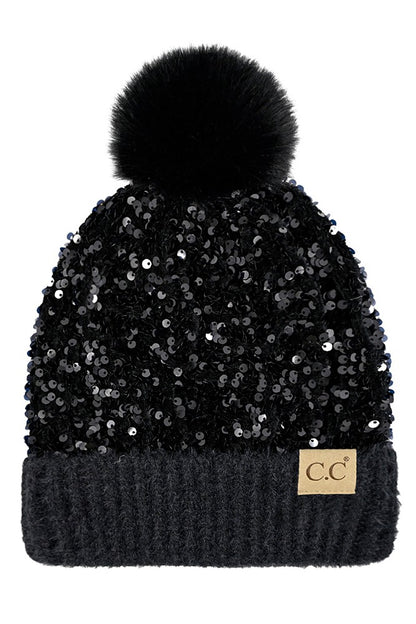 Kids Sequin Fur Pom Beanie