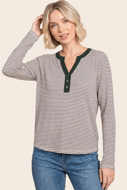 Striped Half-Button Long Sleeve Top