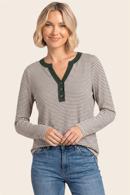 Striped Half-Button Long Sleeve Top