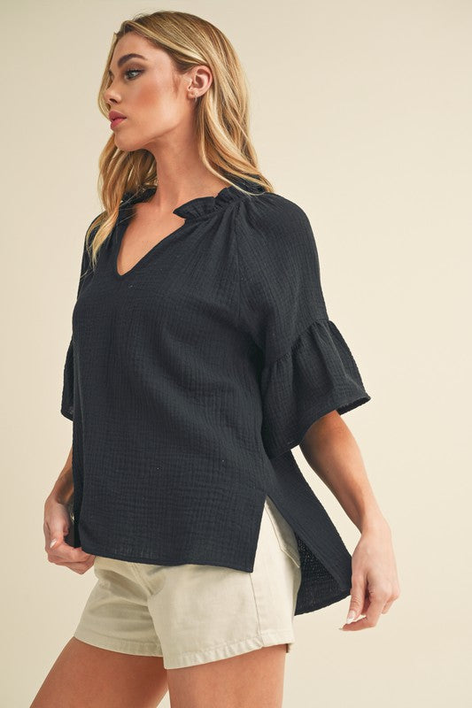 3/4 Sleeve Gauze Ruffle Top