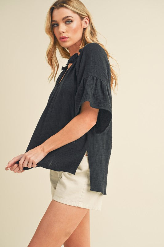 3/4 Sleeve Gauze Ruffle Top